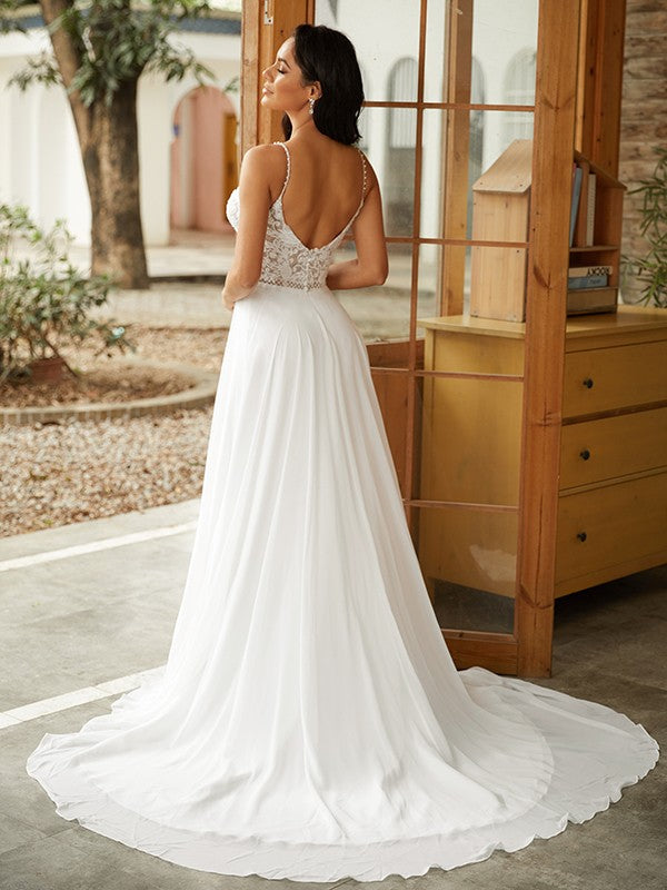 Wholesale A-Line/Princess Chiffon Lace V-neck Sleeveless Court Train Wedding Dresses