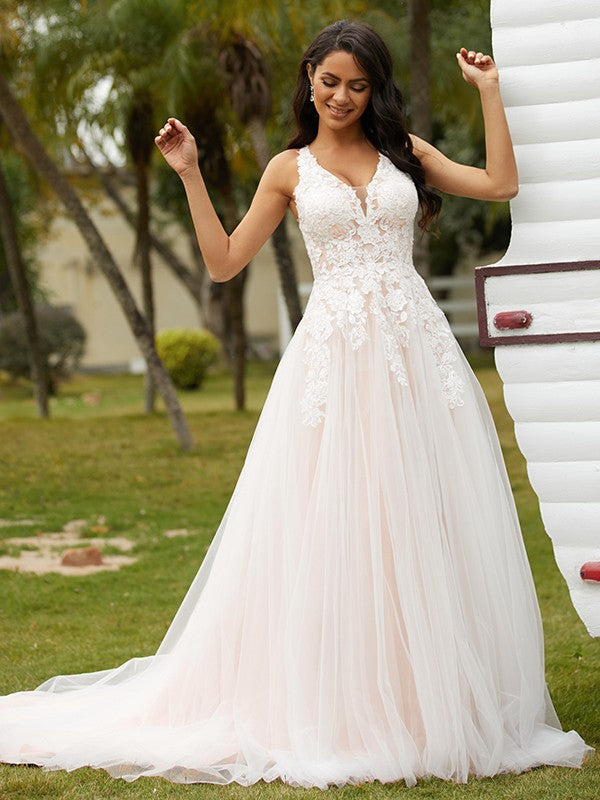 Wholesale A-Line/Princess Tulle Lace V-neck Sleeveless Court Train Wedding Dresses