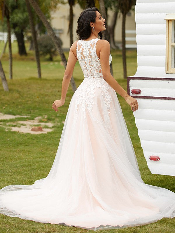 Wholesale A-Line/Princess Tulle Lace V-neck Sleeveless Court Train Wedding Dresses
