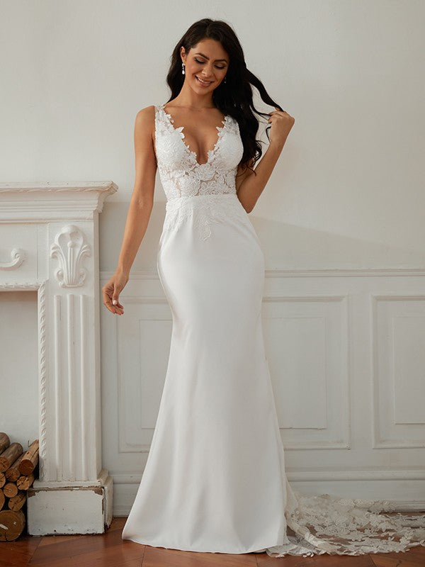 Wholesale Sheath/Column Stretch Crepe Lace V-neck Sleeveless Sweep/Brush Train Wedding Dresses