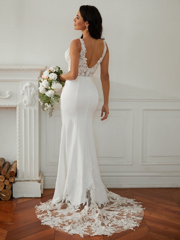 Wholesale Sheath/Column Stretch Crepe Lace V-neck Sleeveless Sweep/Brush Train Wedding Dresses