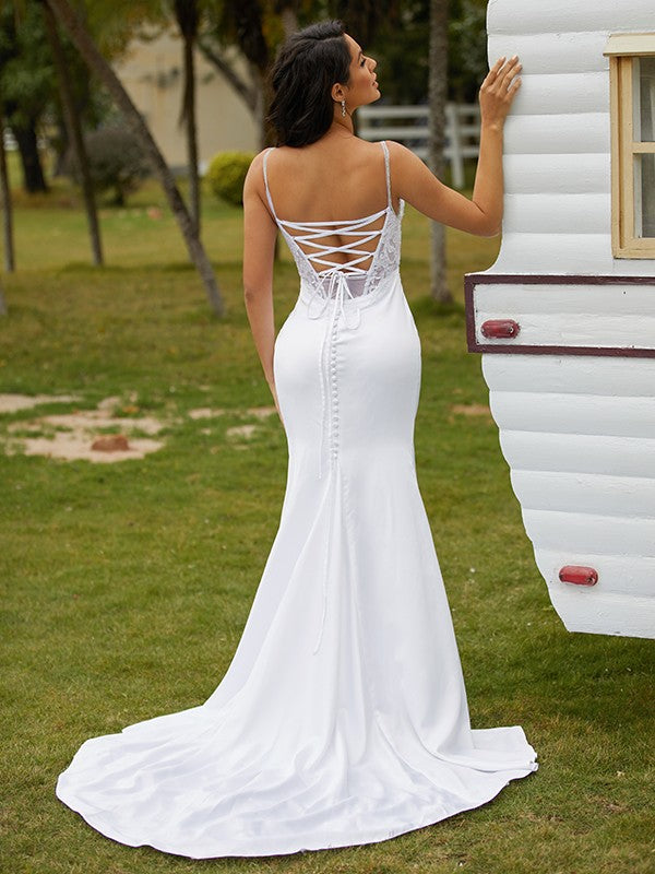 Wholesale Sheath/Column Charmeuse Lace V-neck Sleeveless Court Train Wedding Dresses