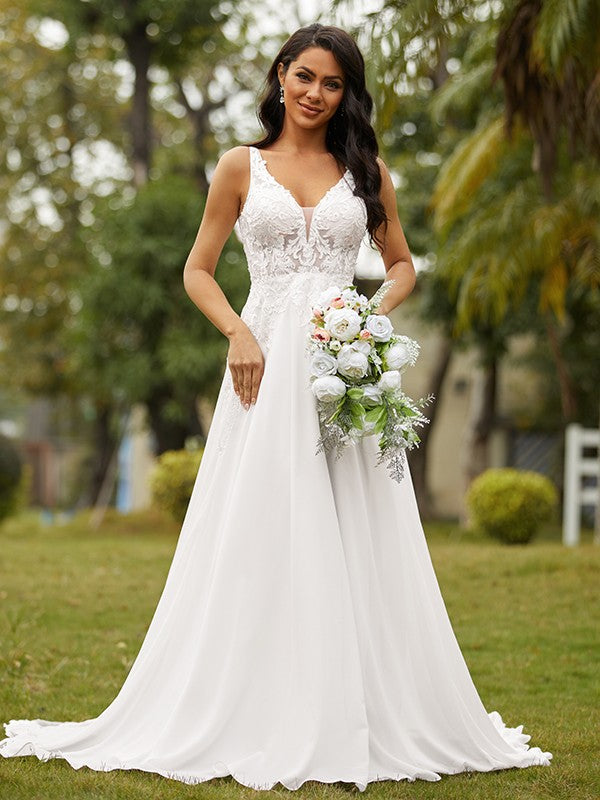 Wholesale A-Line/Princess Chiffon Lace V-neck Sleeveless Court Train Wedding Dresses