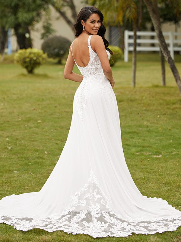 Wholesale A-Line/Princess Chiffon Lace V-neck Sleeveless Court Train Wedding Dresses