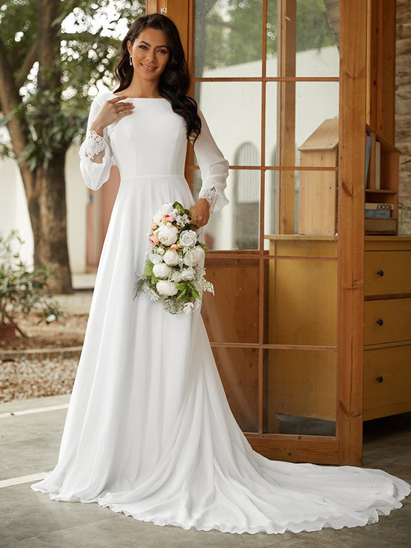 Wholesale A-Line/Princess Chiffon Lace Scoop Long Sleeves Court Train Wedding Dresses