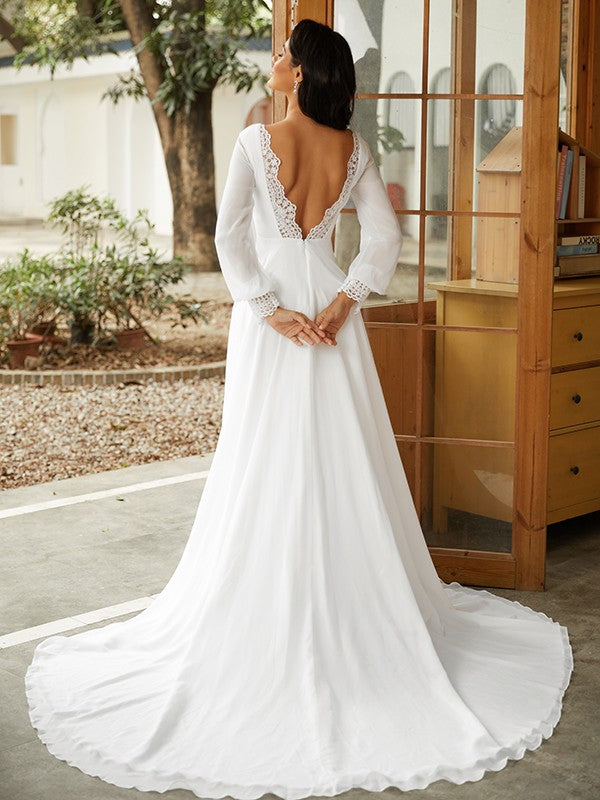 Wholesale A-Line/Princess Chiffon Lace Scoop Long Sleeves Court Train Wedding Dresses