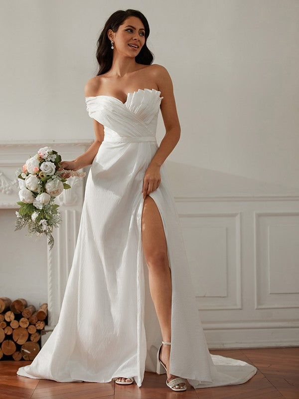 Wholesale A-Line/Princess Ruched One-Shoulder Sleeveless Sweep/Brush Train Wedding Dresses
