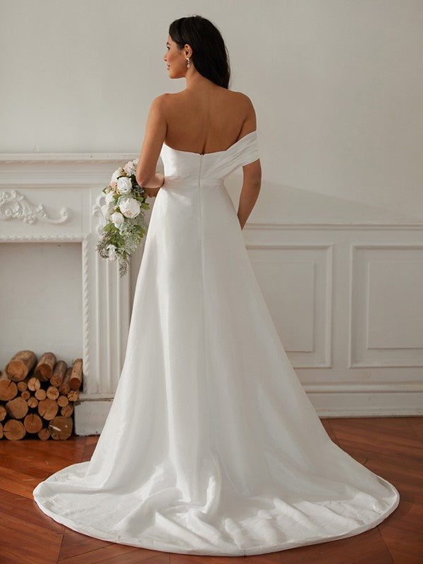 Wholesale A-Line/Princess Ruched One-Shoulder Sleeveless Sweep/Brush Train Wedding Dresses