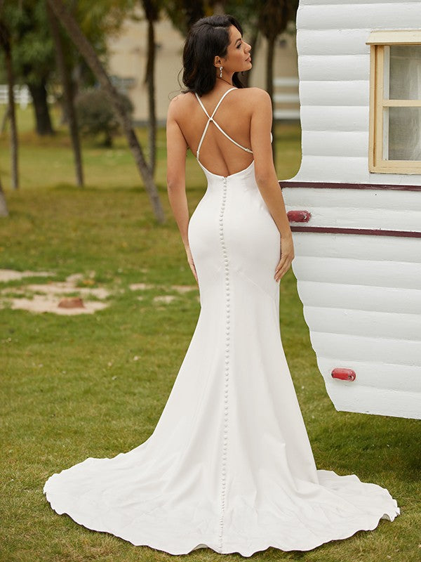 Wholesale Sheath/Column Stretch Crepe Ruched Spaghetti Straps Sleeveless Court Train Wedding Dresses