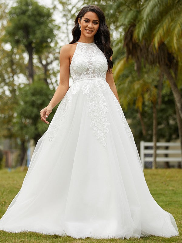 Wholesale A-Line/Princess Tulle Lace Scoop Sleeveless Sweep/Brush Train Wedding Dresses