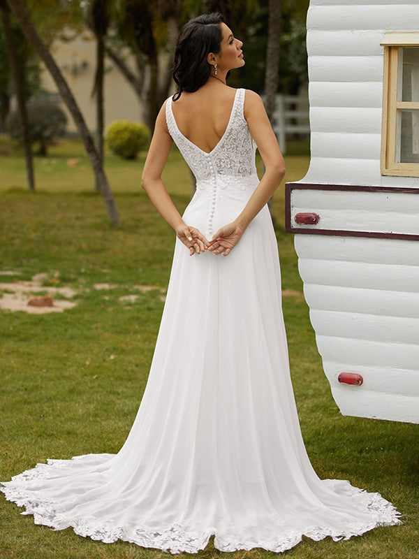 Wholesale A-Line/Princess Chiffon Lace V-neck Sleeveless Sweep/Brush Train Wedding Dresses