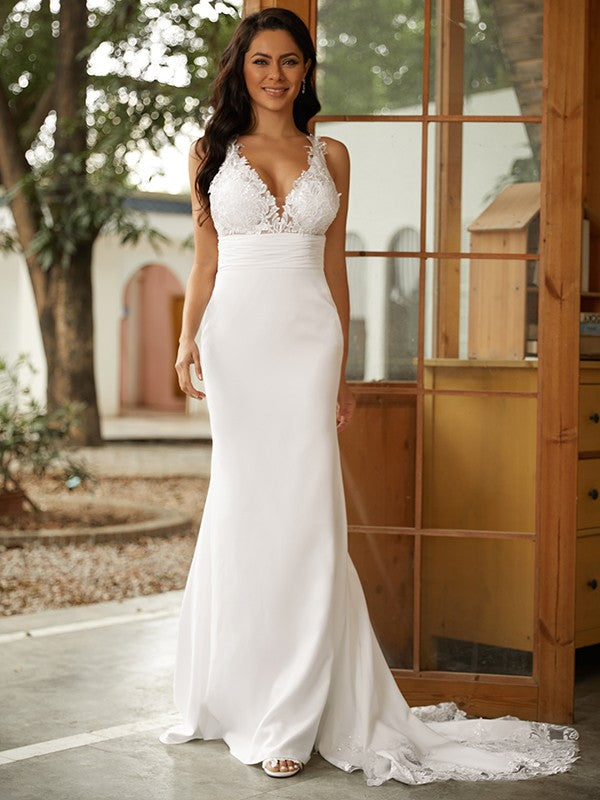 Wholesale Sheath/Column Stretch Crepe Lace V-neck Sleeveless Sweep/Brush Train Wedding Dresses