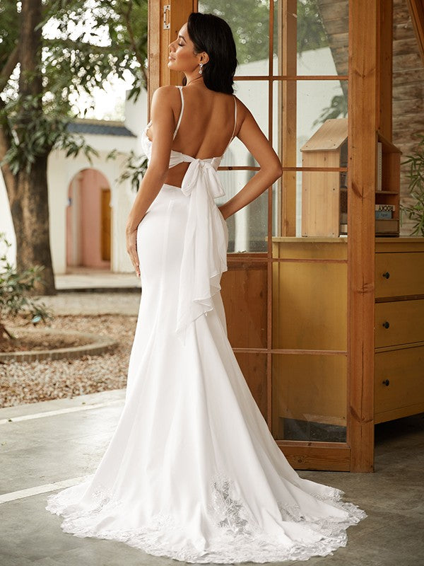 Wholesale Sheath/Column Stretch Crepe Lace V-neck Sleeveless Sweep/Brush Train Wedding Dresses