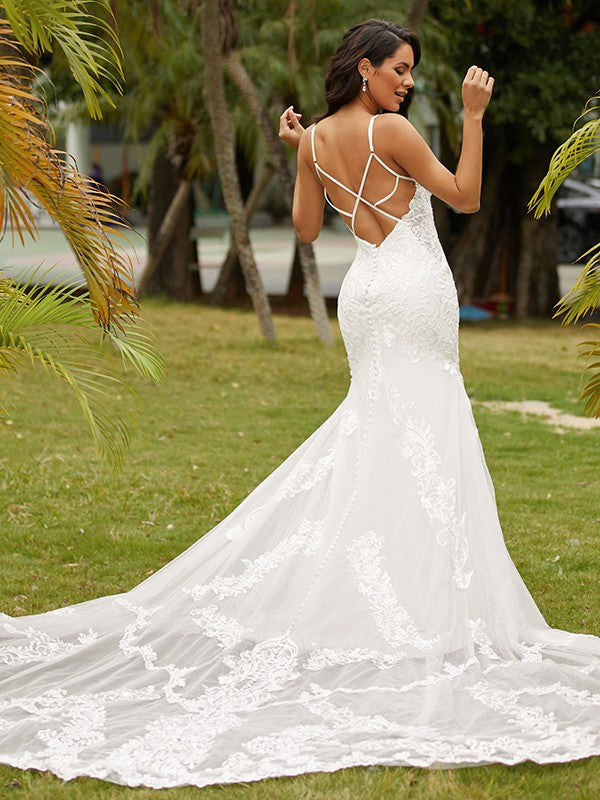 Wholesale Sheath/Column Stretch Crepe Lace Scoop Sleeveless Cathedral Train Wedding Dresses