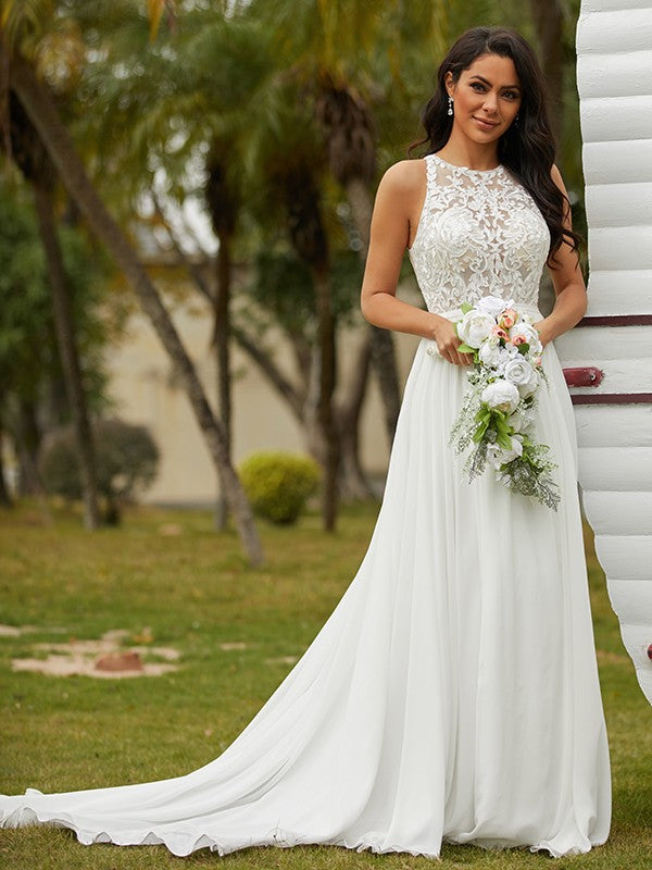Wholesale A-Line/Princess Chiffon Lace Scoop Sleeveless Sweep/Brush Train Wedding Dresses