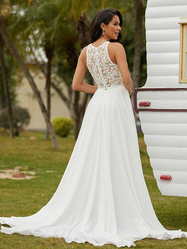 Wholesale A-Line/Princess Chiffon Lace Scoop Sleeveless Sweep/Brush Train Wedding Dresses