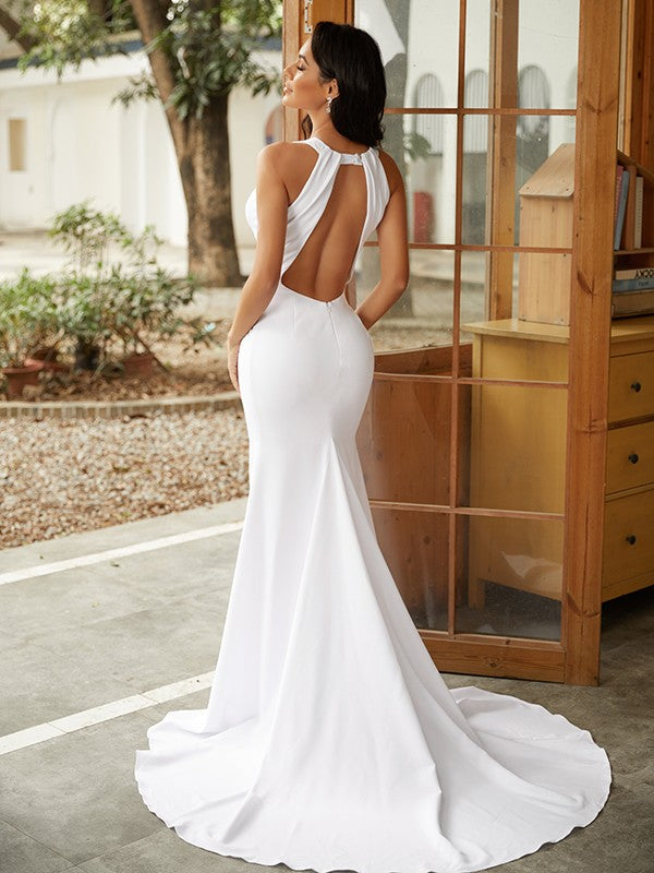 Wholesale Sheath/Column Stretch Crepe Ruched Scoop Sleeveless Sweep/Brush Train Wedding Dresses