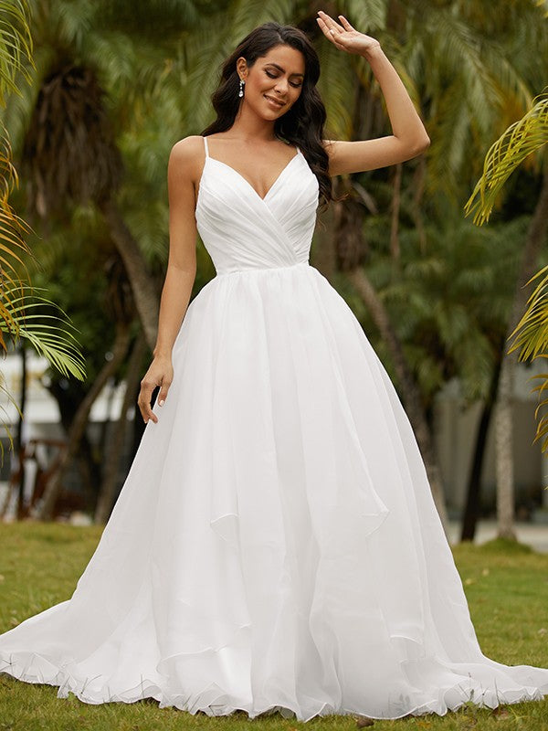 Wholesale Ball Gown Satin Ruffles V-neck Sleeveless Sweep/Brush Train Wedding Dresses