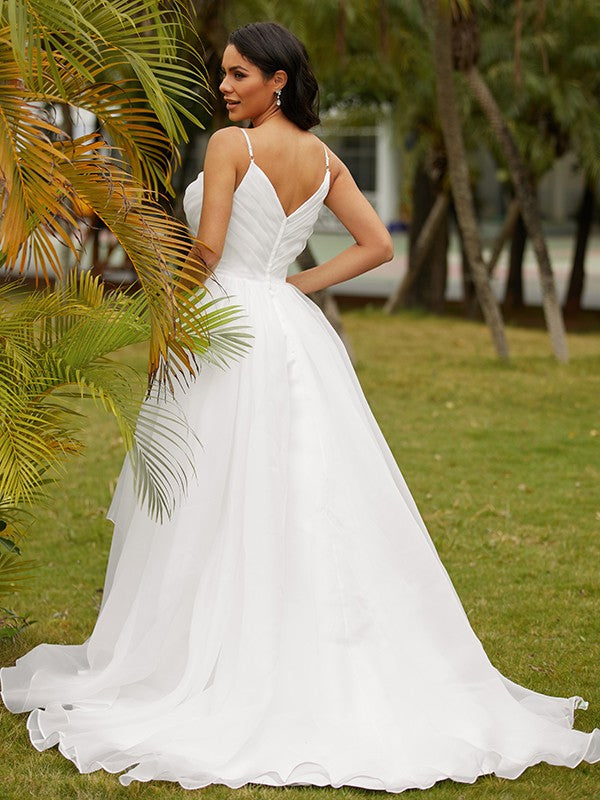 Wholesale Ball Gown Satin Ruffles V-neck Sleeveless Sweep/Brush Train Wedding Dresses