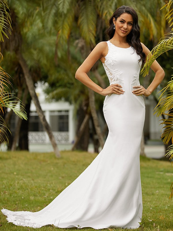 Wholesale Sheath/Column Stretch Crepe Lace Scoop Sleeveless Sweep/Brush Train Wedding Dresses