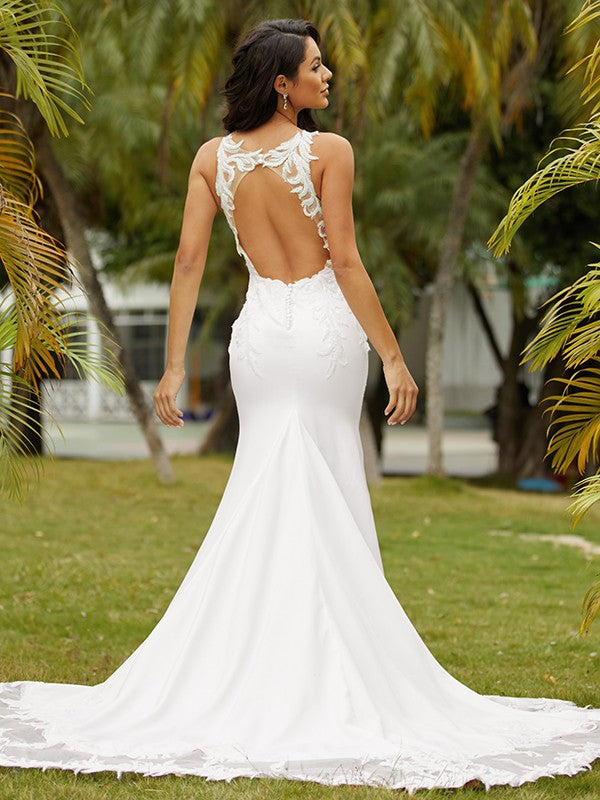 Wholesale Sheath/Column Stretch Crepe Lace Scoop Sleeveless Sweep/Brush Train Wedding Dresses
