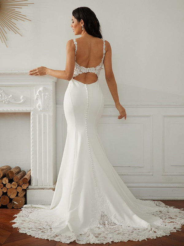 Wholesale Sheath/Column Stretch Crepe Lace V-neck Sleeveless Sweep/Brush Train Wedding Dresses