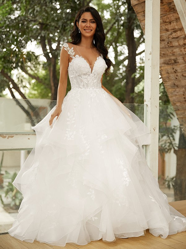 Wholesale Ball Gown Tulle Applique V-neck Sleeveless Court Train Wedding Dresses