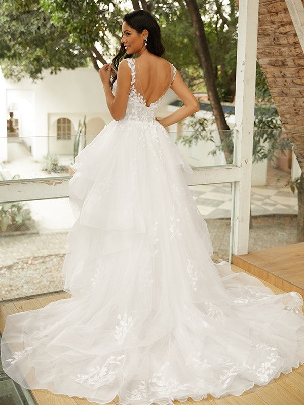 Wholesale Ball Gown Tulle Applique V-neck Sleeveless Court Train Wedding Dresses