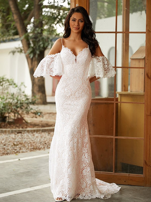 Wholesale Sheath/Column Lace V-neck Short Sleeves Sweep/Brush Train Wedding Dresses