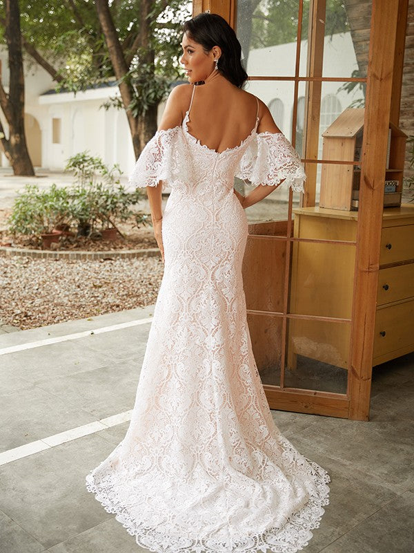 Wholesale Sheath/Column Lace V-neck Short Sleeves Sweep/Brush Train Wedding Dresses