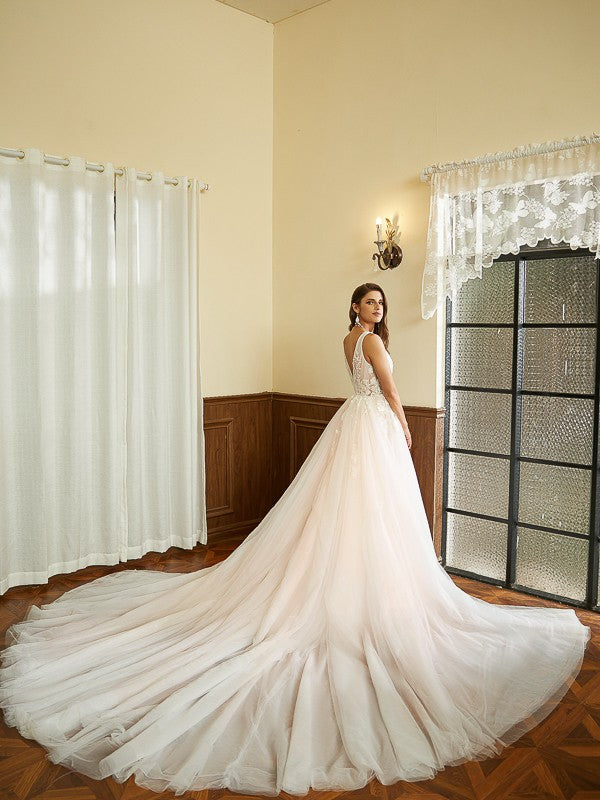 Wholesale A-Line/Princess Tulle Applique V-neck Sleeveless Cathedral Train Wedding Dresses