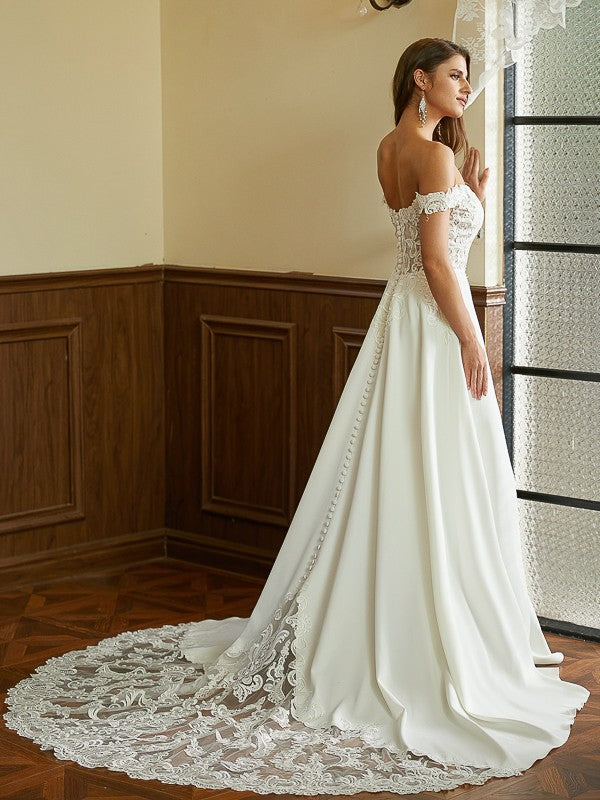 Wholesale A-Line/Princess Stretch Crepe Lace Off-the-Shoulder Short Sleeves Court Train Wedding Dresses