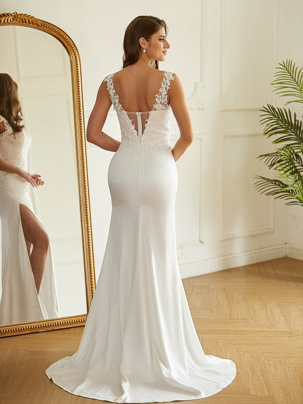 Wholesale Sheath/Column Charmeuse Lace V-neck Sleeveless Sweep/Brush Train Wedding Dresses