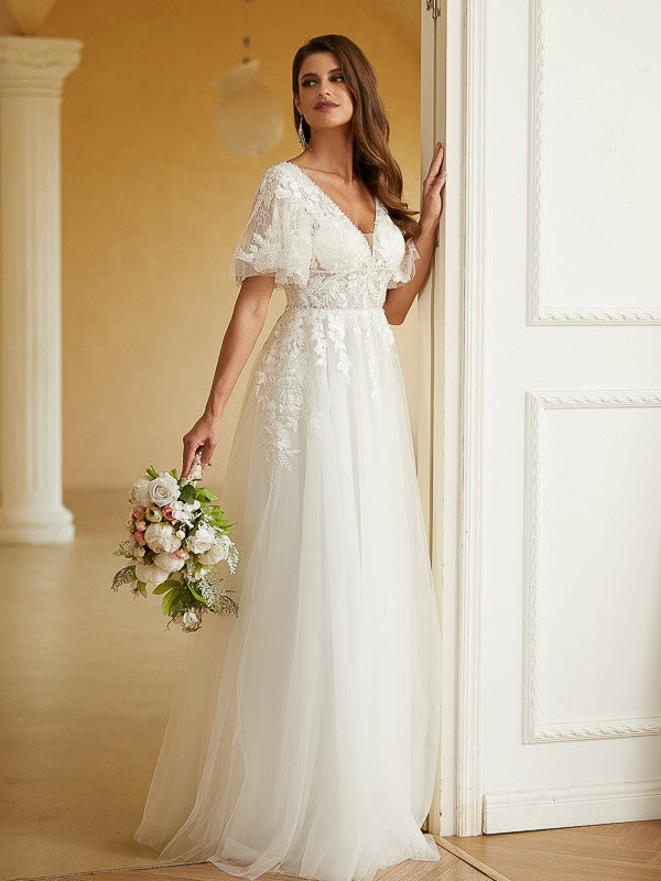 Wholesale A-Line/Princess Tulle Lace V-neck Short Sleeves Floor-Length Wedding Dresses