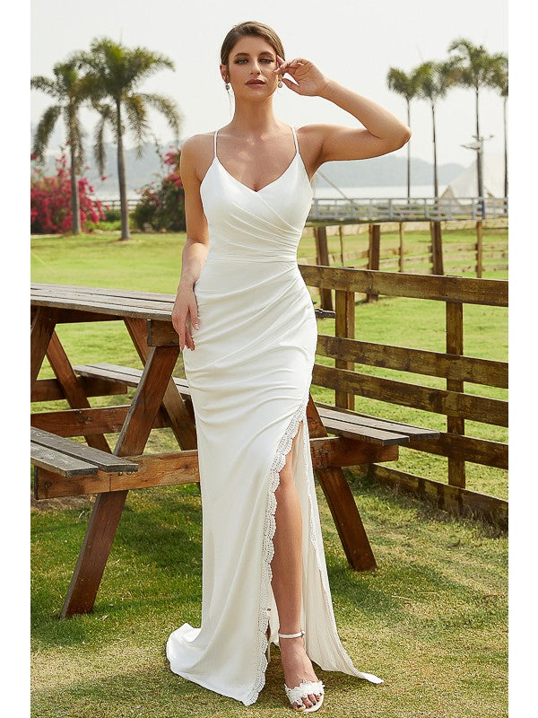 Wholesale Sheath/Column Jersey Ruched V-neck Sleeveless Sweep/Brush Train Wedding Dresses