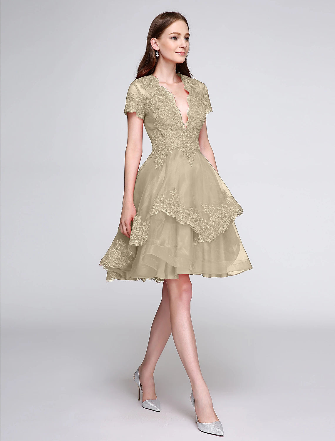 Wholesale  Ball Gown Cute Dress Cocktail Party Prom Knee Length Short Sleeve Plunging Neck Organza with Buttons Appliques