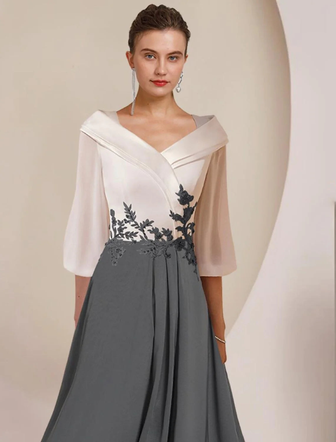 Wholesale A-Line Mother of the Bride Dress Formal Wedding Guest Elegant High Low V Neck Asymmetrical Tea Length Chiffon Lace 3/4 Length Sleeve with Pleats Appliques Color Block