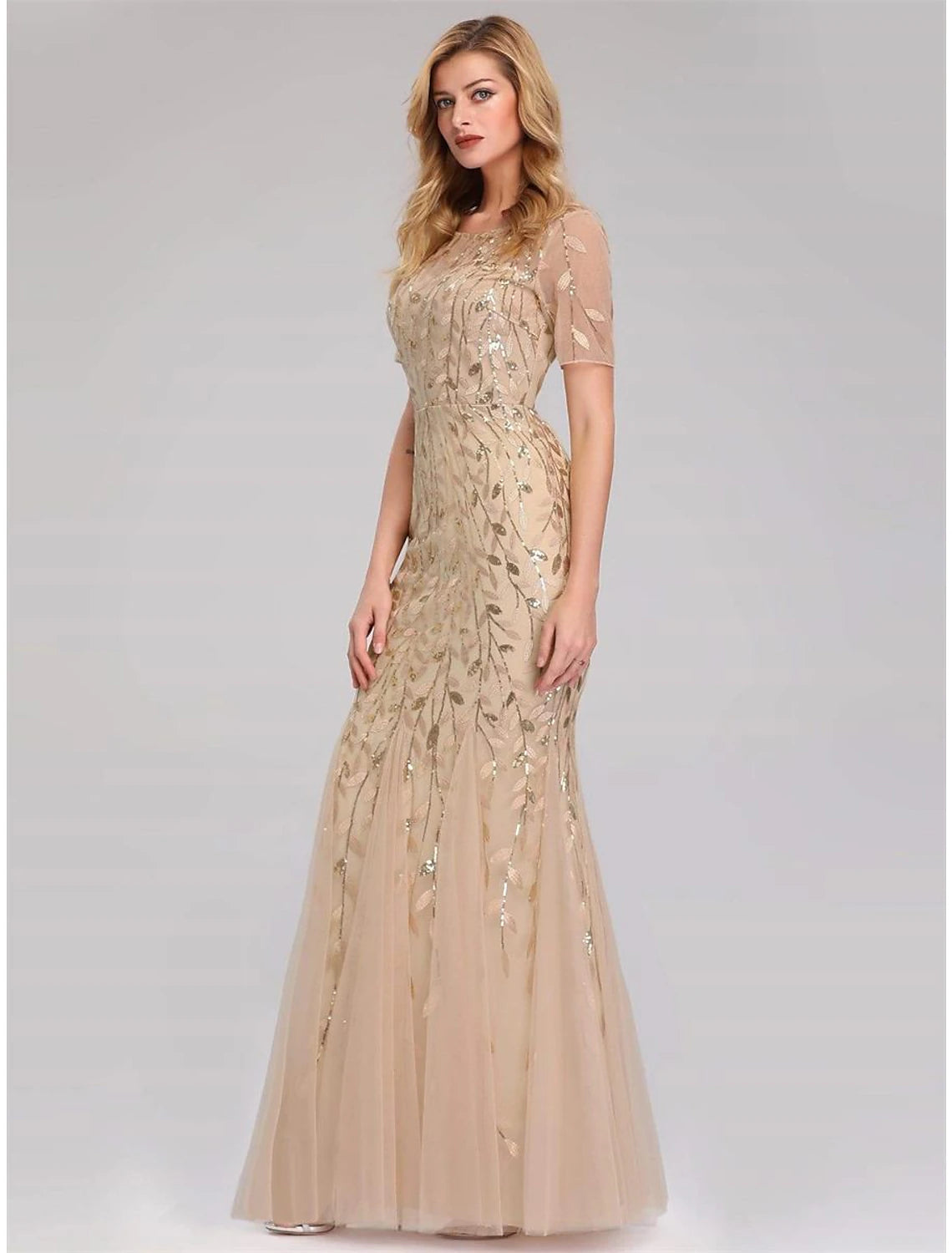 Wholesale Mermaid / Trumpet Empire Elegant Party Wear Formal Evening Dress Jewel Neck Short Sleeve Floor Length Tulle with Embroidery