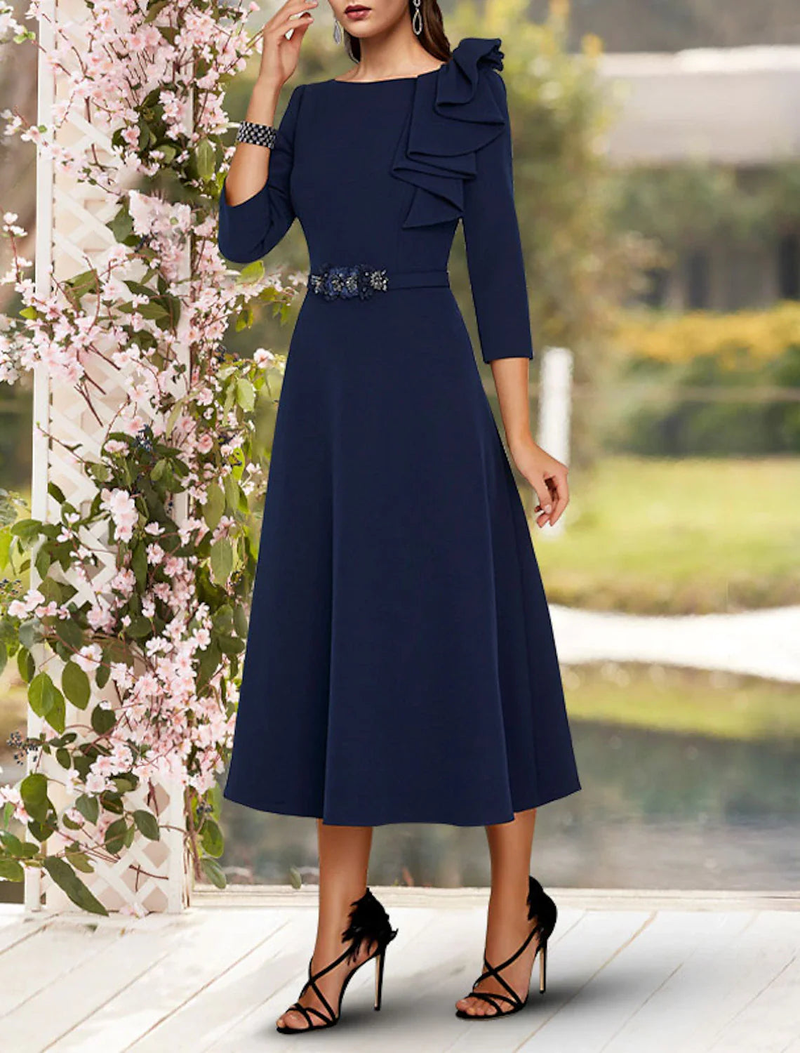 Wholesale A-Line Mother of the Bride Dress Wedding Guest Elegant Jewel Neck Tea Length Stretch Fabric 3/4 Length Sleeve with Sash / Ribbon Side Draping Fall