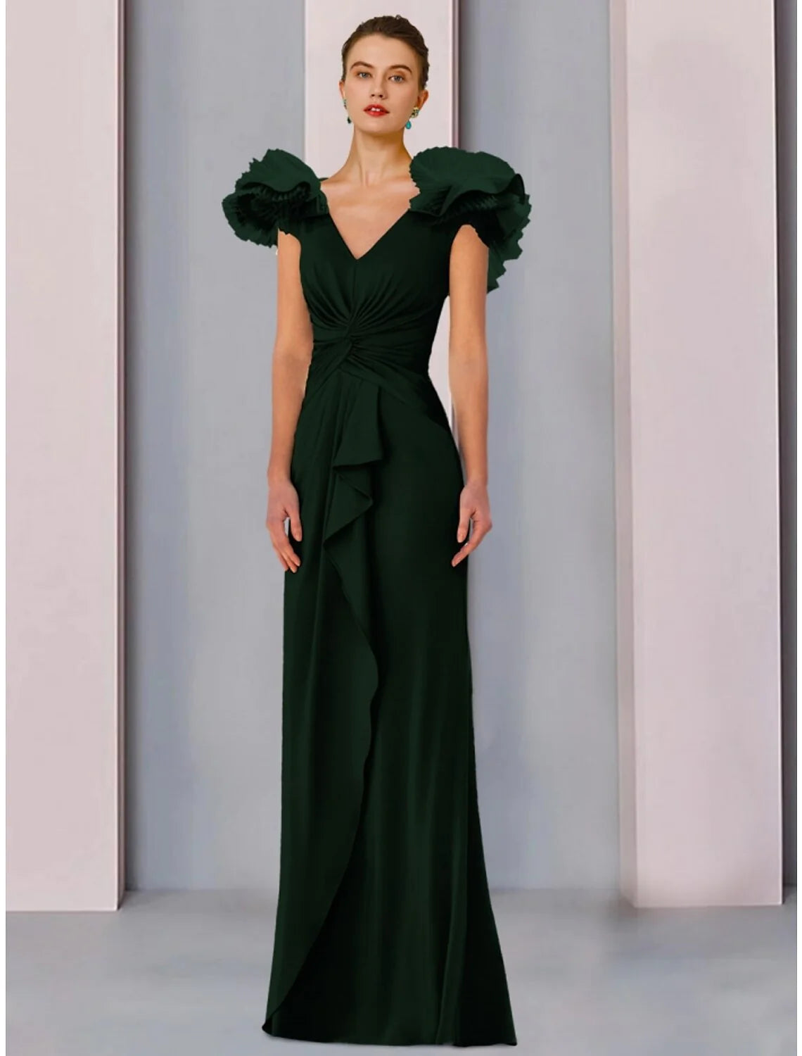 Wholesale A-Line Mother of the Bride Dress Wedding Guest Elegant V Neck Floor Length Stretch Fabric Short Sleeve with Ruffles Ruching Solid Color