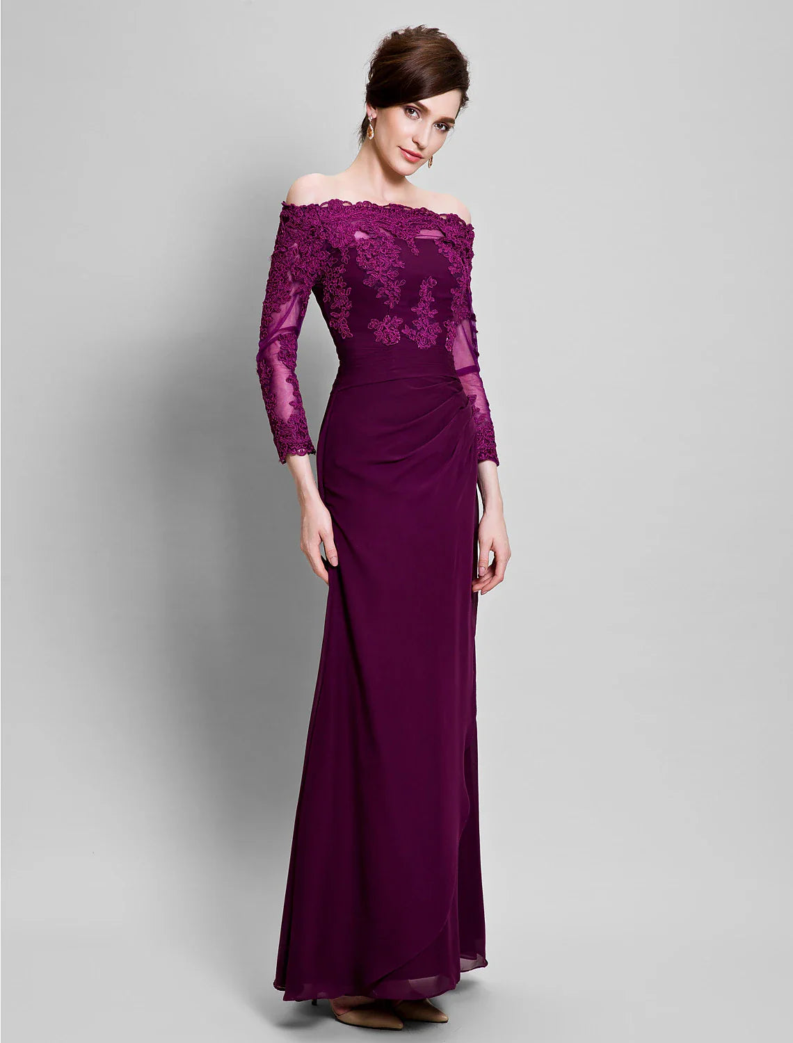 Wholesale Sheath / Column Mother of the Bride Dress Off Shoulder Floor Length Chiffon Tulle No with Ruched Appliques Side Draping