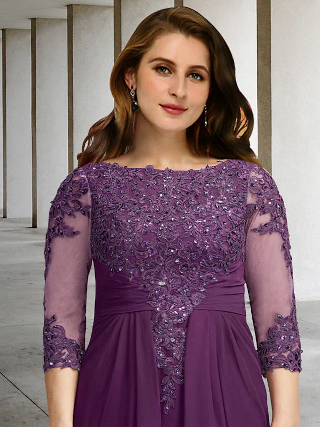 Wholesale Sheath / Column Plus Size Curve Mother of the Bride Dresses Luxurious Dress Formal Floor Length Half Sleeve Jewel Neck Chiffon with Ruched Beading Appliques