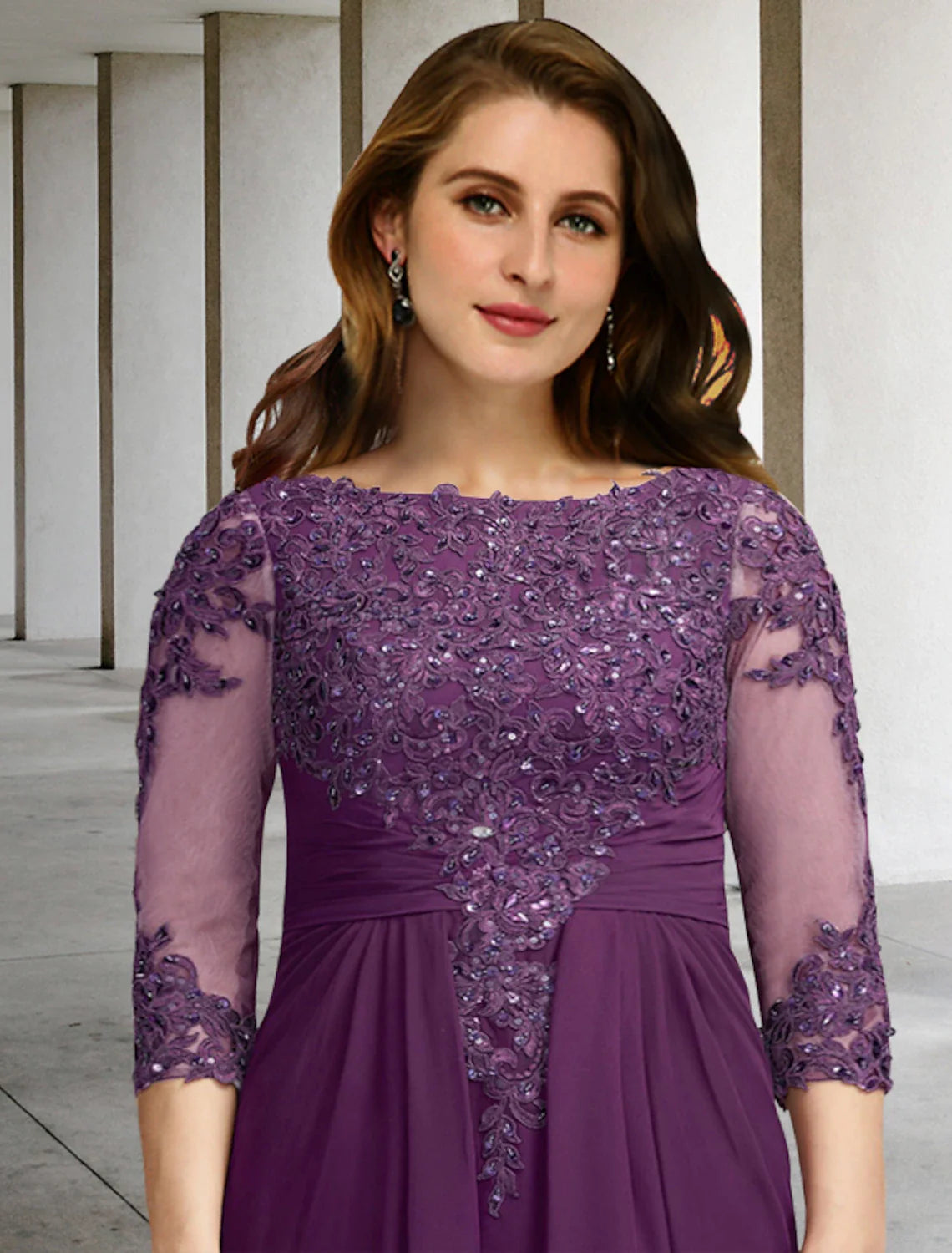 Wholesale Sheath / Column Plus Size Curve Mother of the Bride Dresses Elegant Dress Formal Wedding Guest Floor Length Half Sleeve Jewel Neck Chiffon with Ruched Beading Appliques