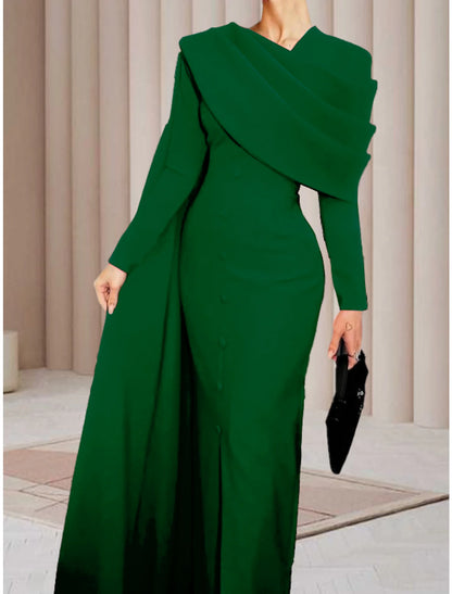 Wholesale Sheath / Column Red Black Christmas Red Green Dress Evening Gown Elegant Cape Dress Formal Fall Sweep / Brush Train Long Sleeve Cowl Neck Stretch Fabric with Buttons Slit