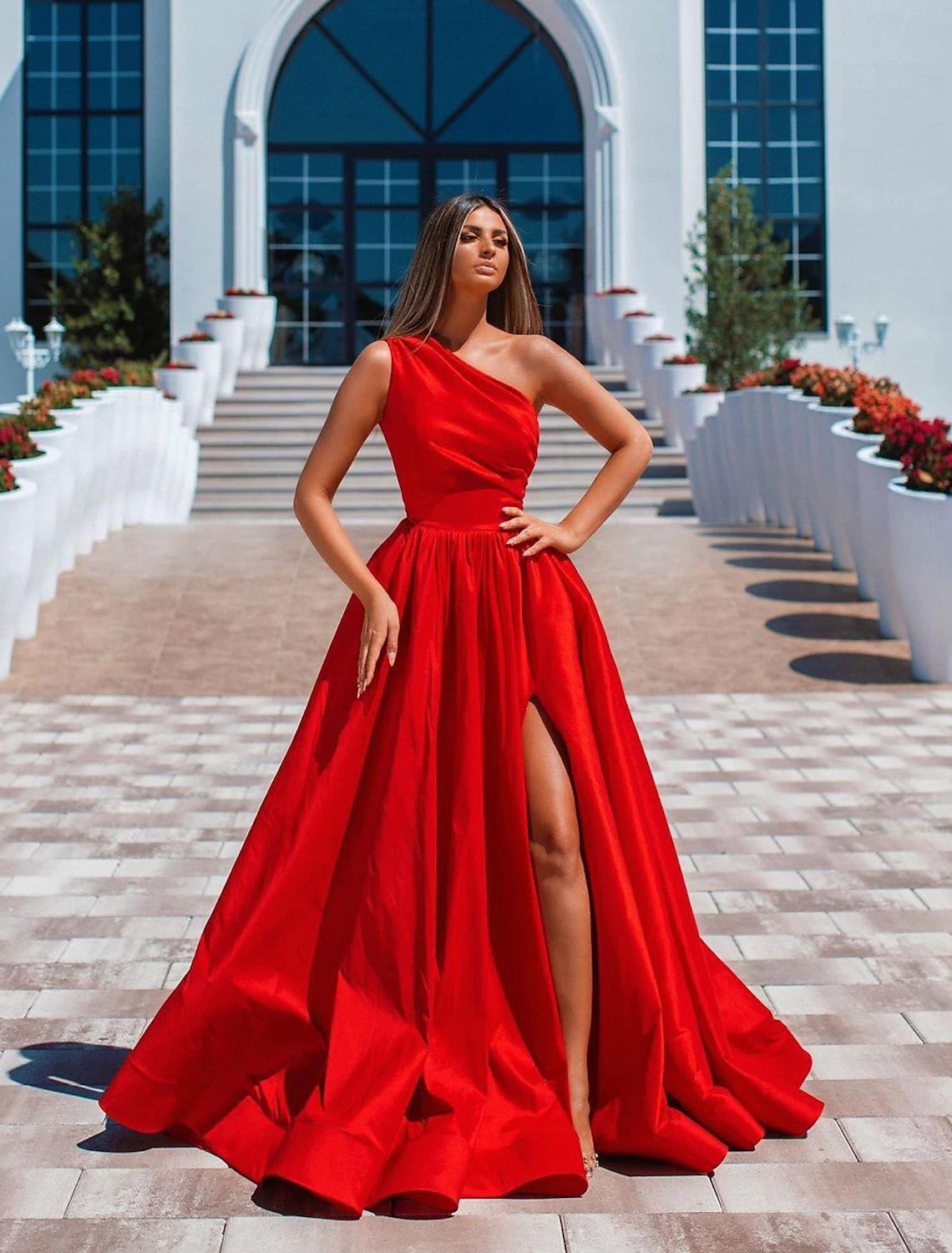 Wholesale  A-Line Sexy High Split Prom Formal Evening Dress One Shoulder Sleeveless Floor Length Charmeuse with Ruched Slit