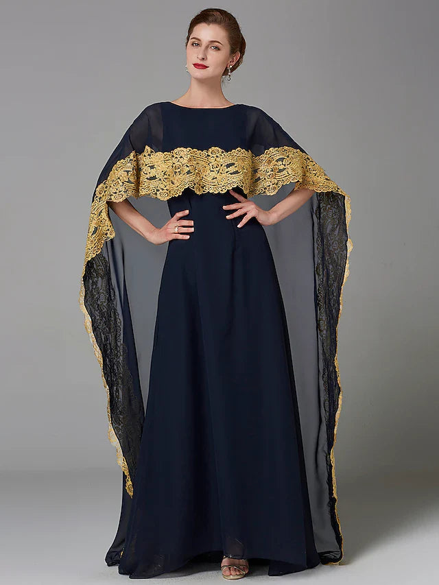 Wholesale A-Line Mother of the Bride Dress Plus Size Elegant Bateau Neck Sweep / Brush Train Chiffon Sleeveless with Lace