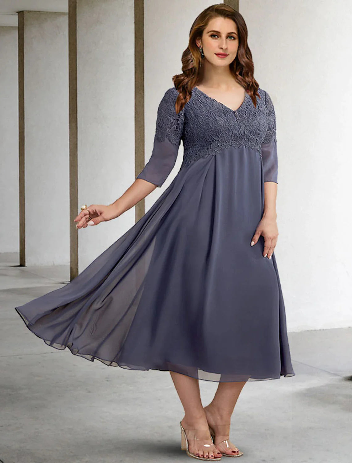 Wholesale A-Line Mother of the Bride Dresses Plus Size Hide Belly Curve Elegant Dress Formal Tea Length Half Sleeve V Neck Chiffon with Buttons Appliques Fall