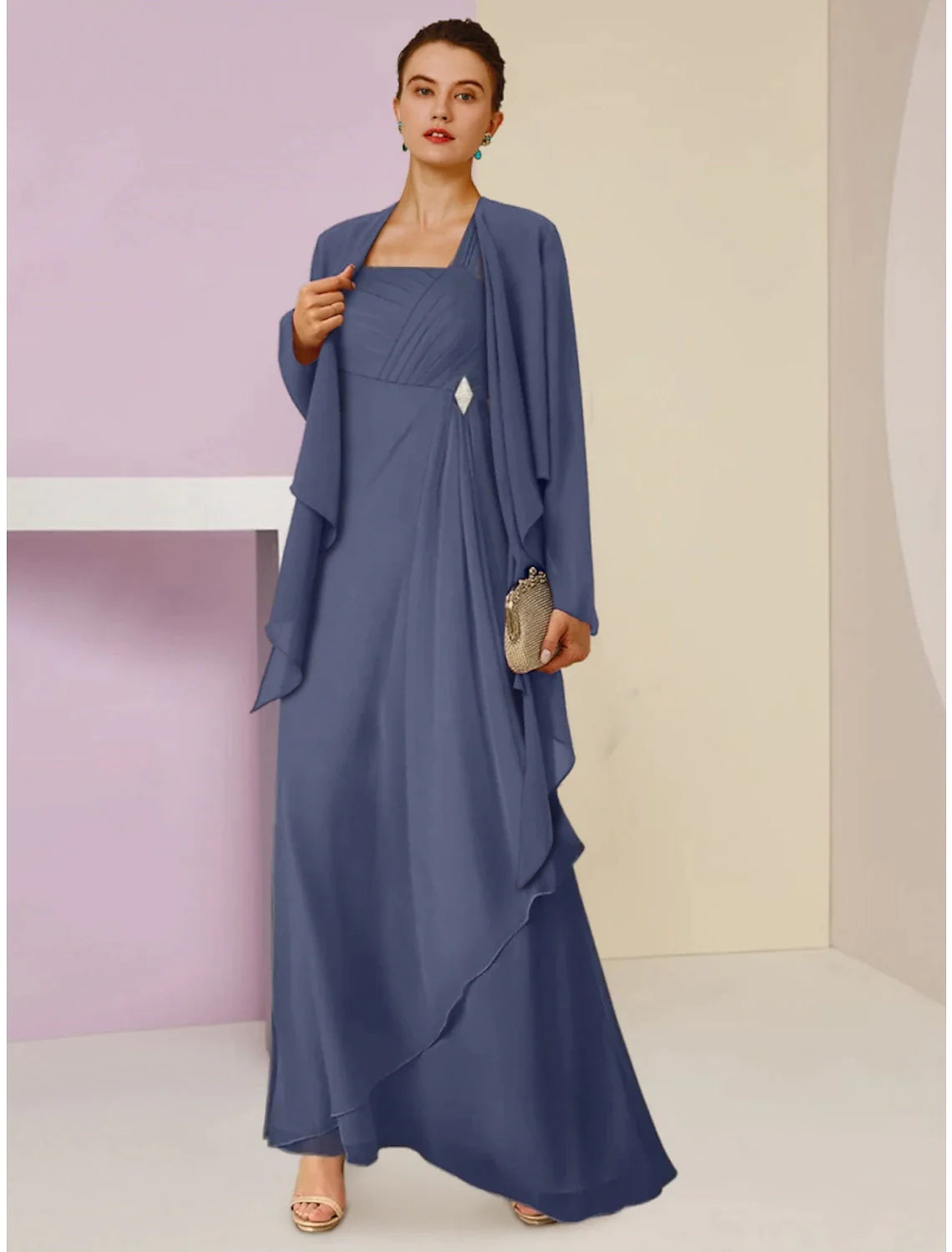 Wholesale A-Line Mother of the Bride Dress Wedding Guest Elegant Square Neck Ankle Length Chiffon Long Sleeve with Crystal Brooch Ruching