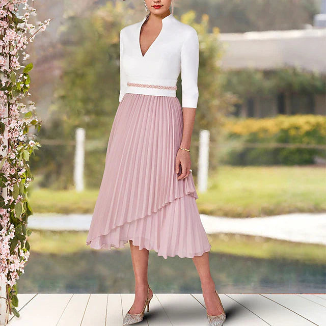 Wholesale A-Line Mother of the Bride Dress Elegant High Low V Neck Asymmetrical Tea Length Chiffon Satin Short Sleeve with Sash / Ribbon Pleats Color Block