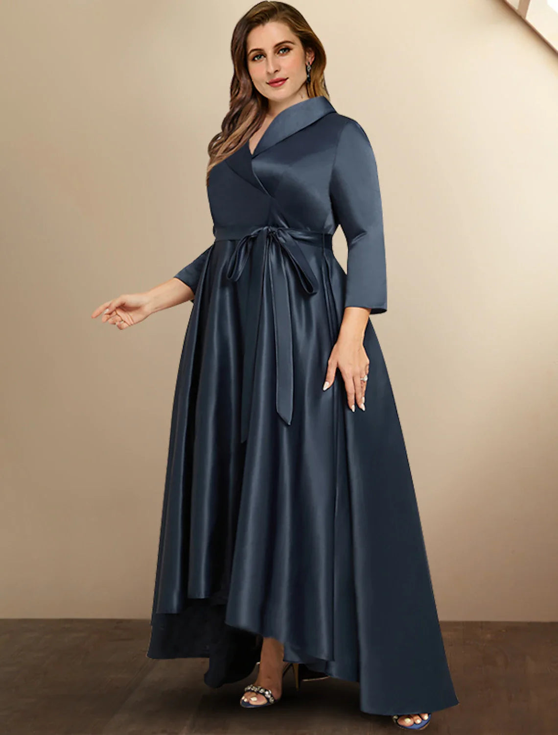 Wholesale A-Line Mother of the Bride Dresses Plus Size Hide Belly Curve High Low Dress Formal Asymmetrical 3/4 Length Sleeve Shirt Collar Satin with Bow(s) Pleats